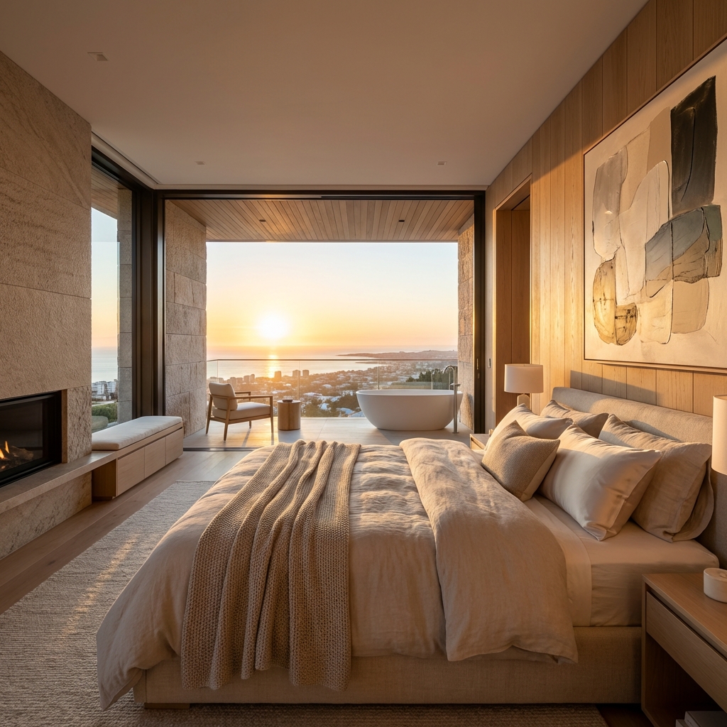 Sypialnia z balkonem o zachodzie słońca